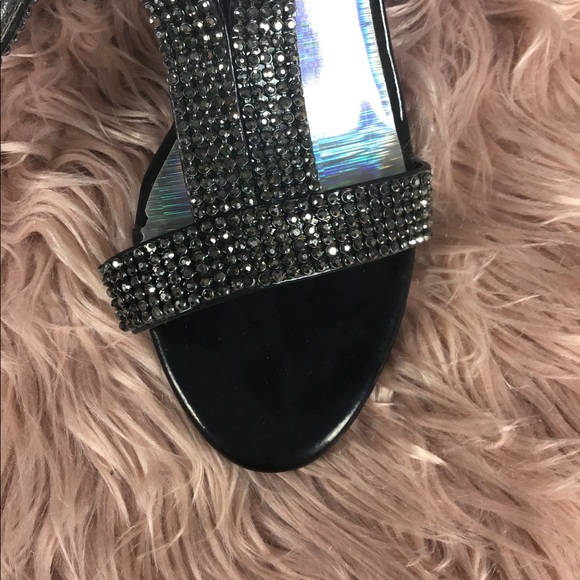 Black Rhinestone Heels T Strap Stiletto Heel - Picture 4 of 7